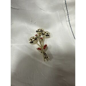 Vintage Brooch Gold-tone Flower Brooch - Red White and Blue Stones